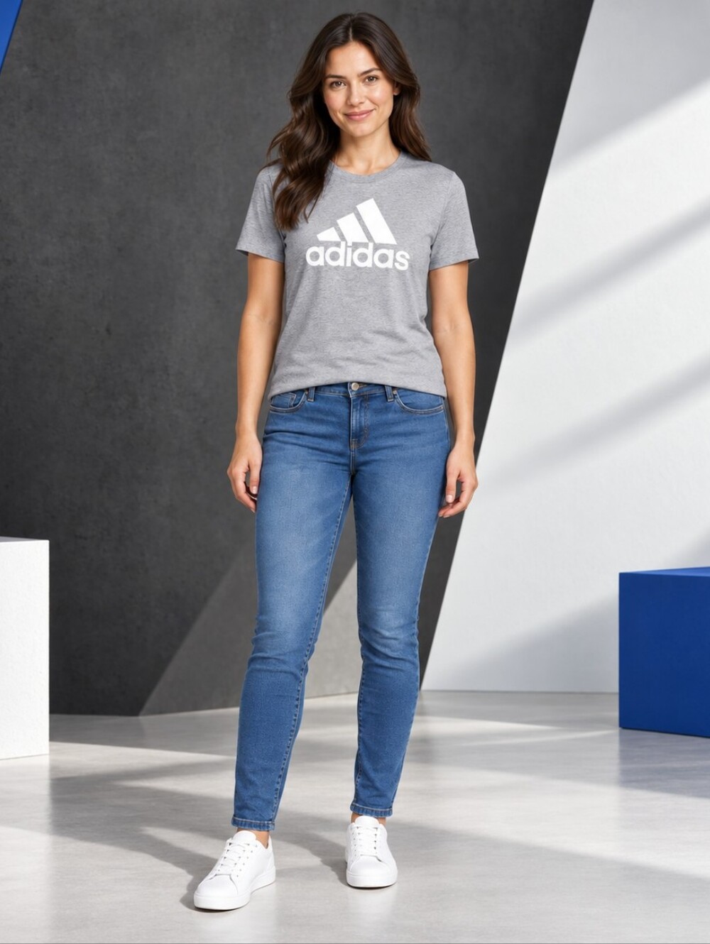adidas Grey Tee with Blue Skinny Jeans